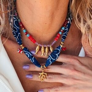 Beach themed charm bandana necklace, 2 piece set, fish necklace, scarf charm nec